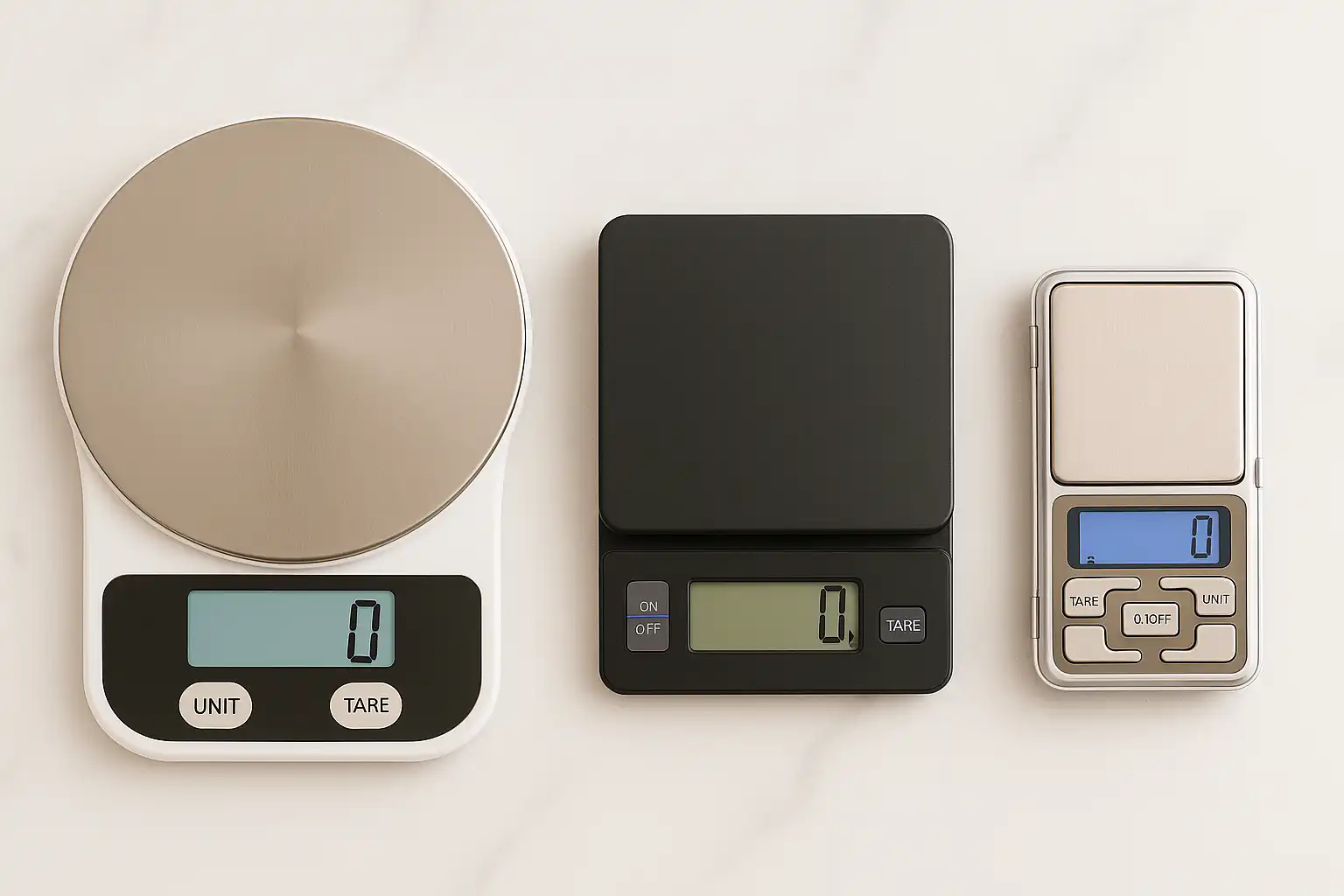 A kitchen scale, postage scale, and jewelry scale sit next to each other on a table.