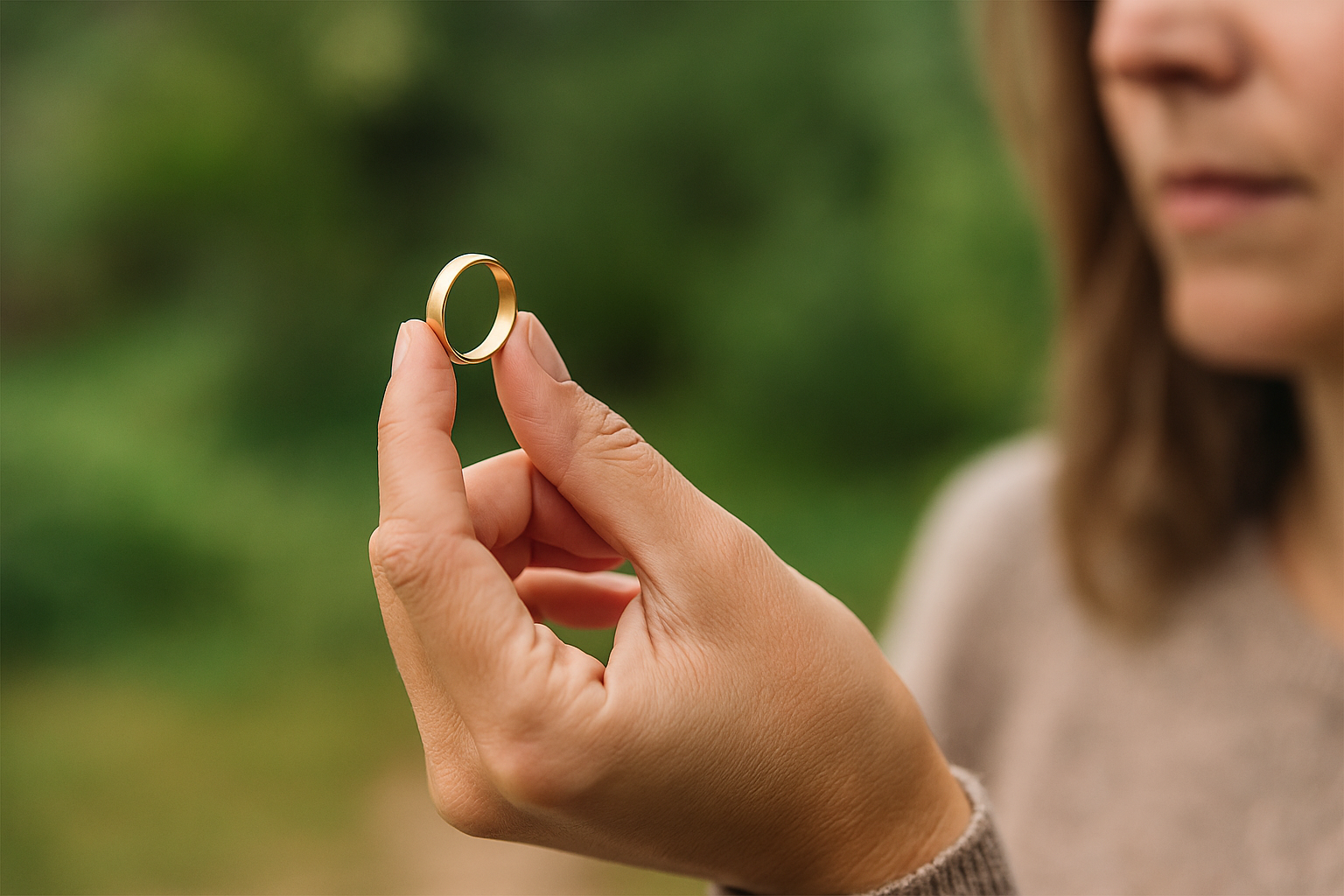 A woman gently holds her gold wedding band between her thumb and forefinger