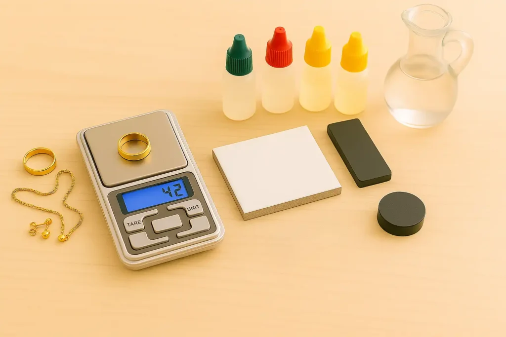 Tools to test gold are laid out on a table