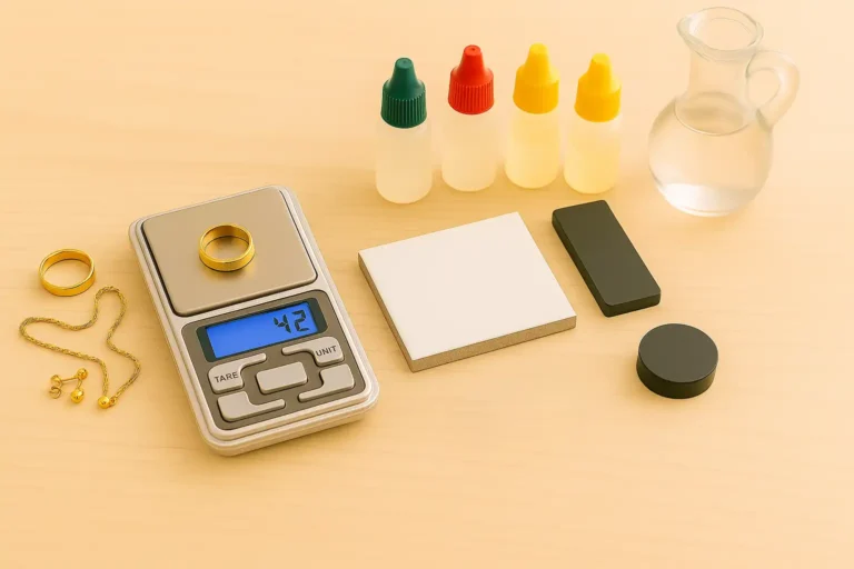 Tools to test gold are laid out on a table