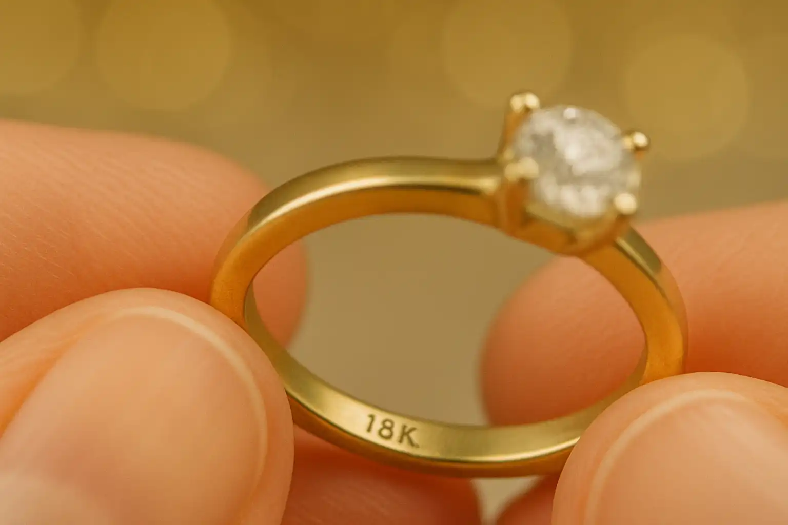 Diamond ring held between two hands, shows an 18k stamp inside
