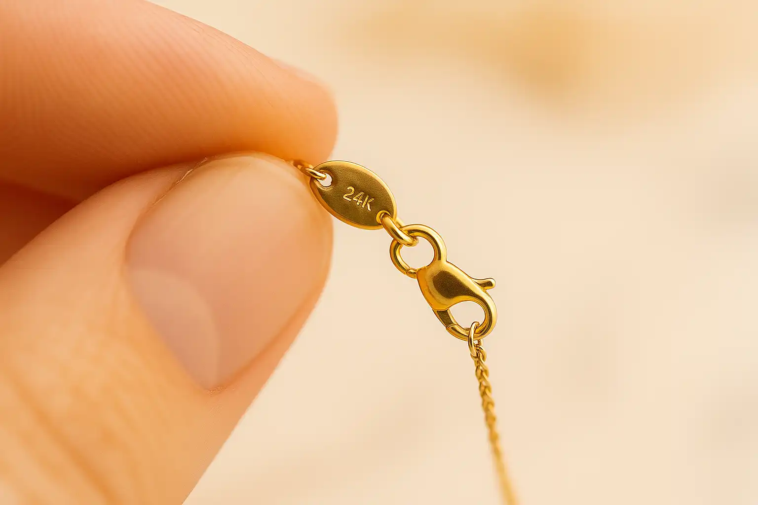 A necklace dangles from two fingers grasping the stamp plate on a necklace noting 24k