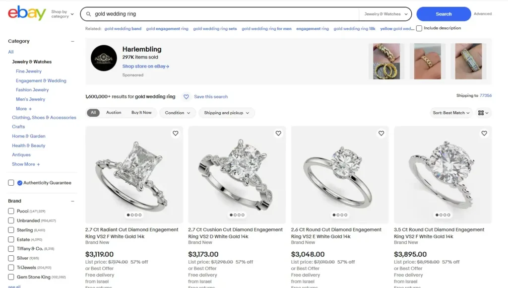 e-bay homepage after searching for gold wedding ring