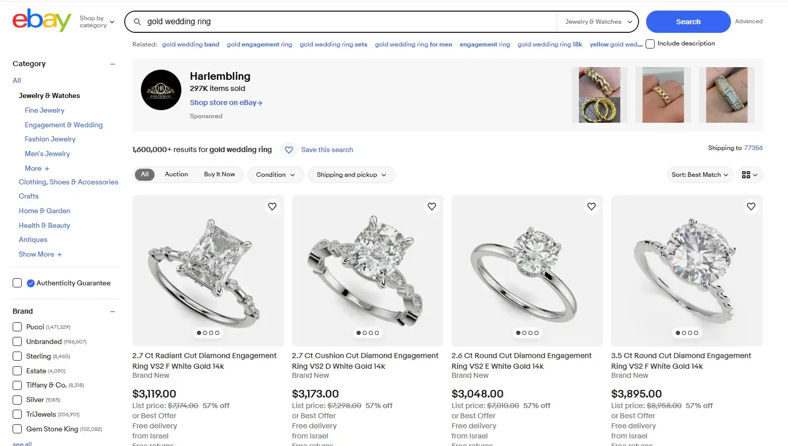 e-bay homepage after searching for gold wedding ring