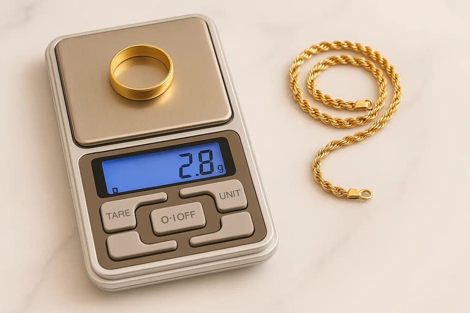 Gold is weighed on a digital scale