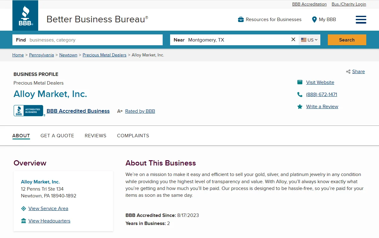 The Alloy Market BBB landing page