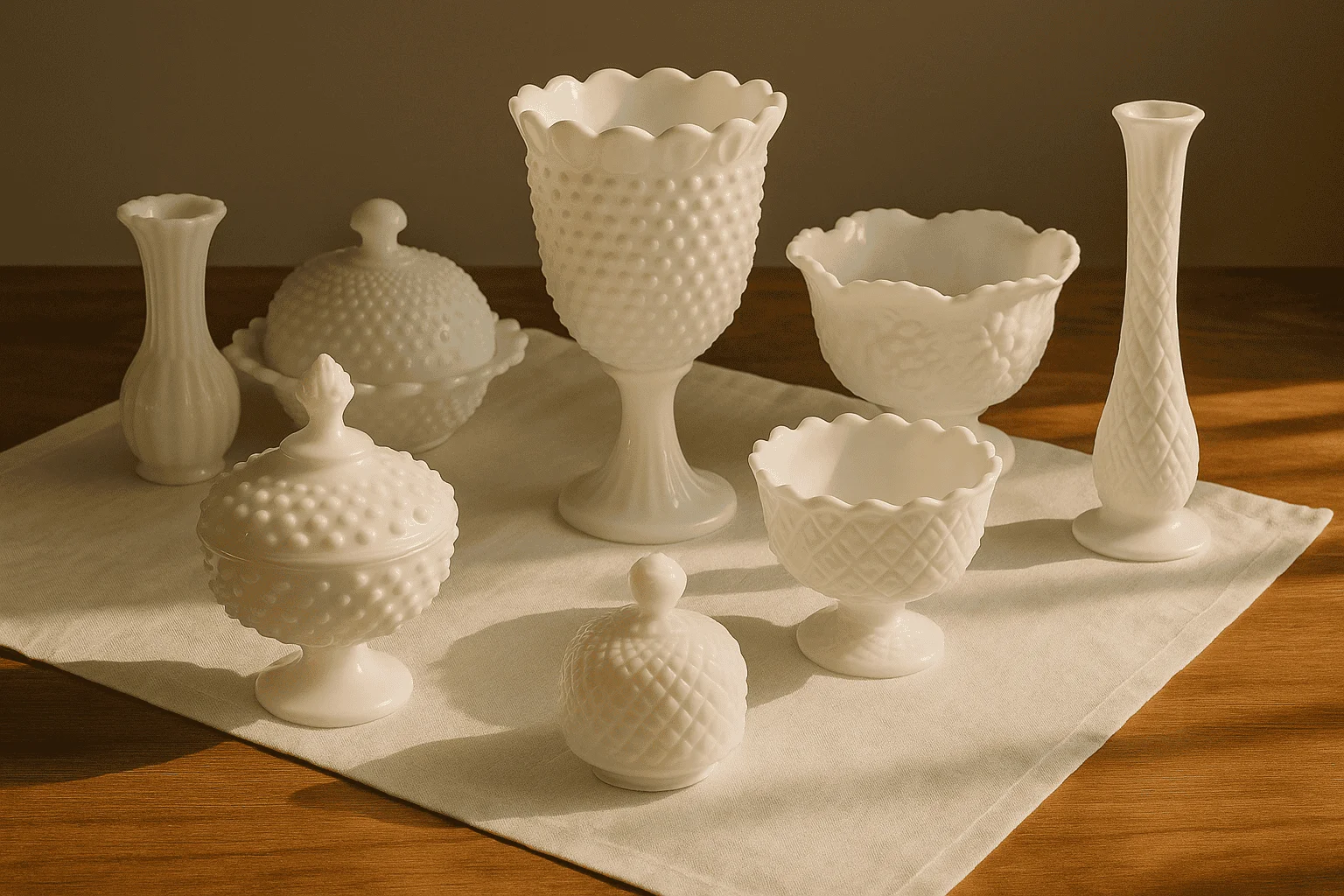 Various milk glass pieces are displayed atop a white placemat on a wooden table