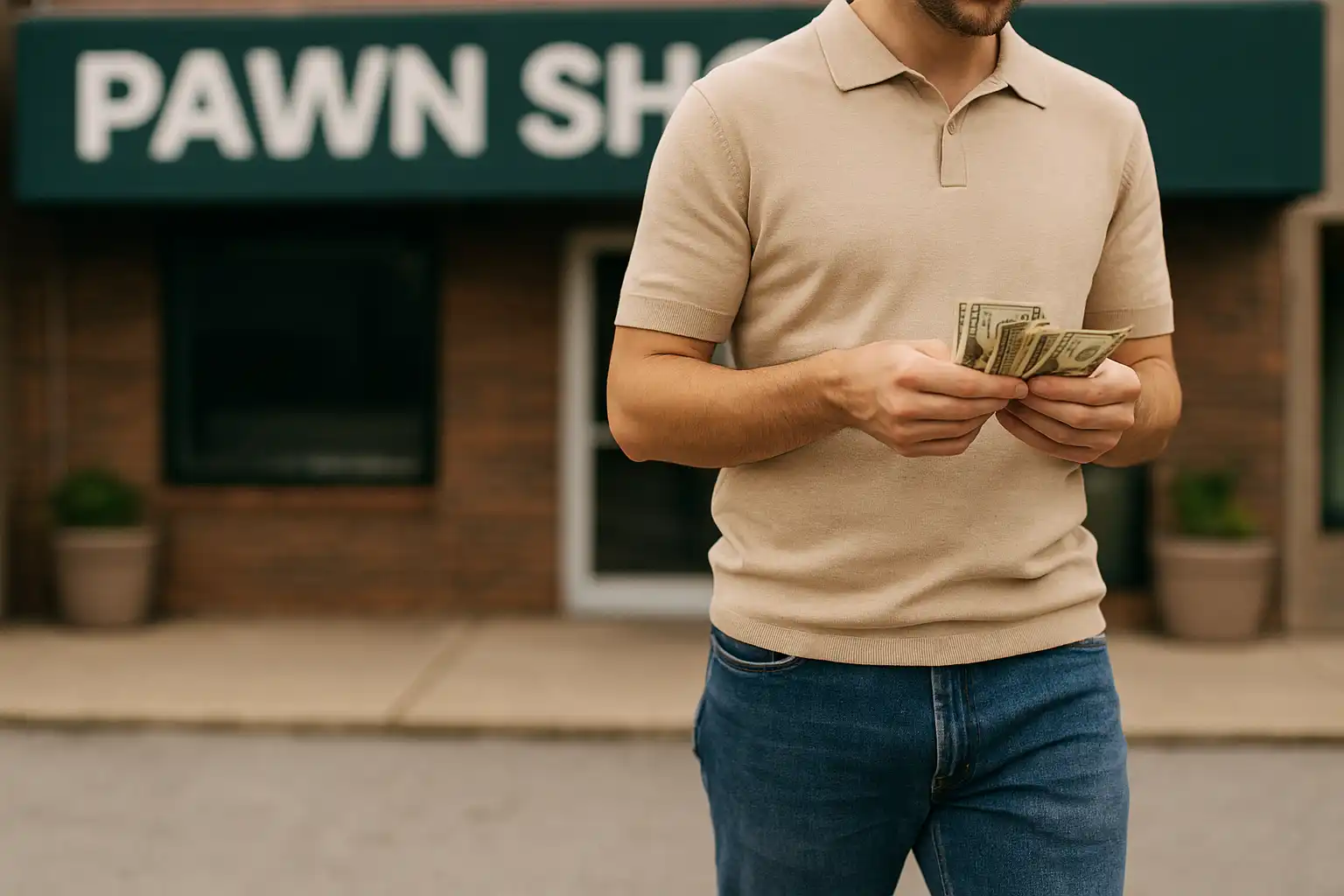 Man walks away from a pawn shop counting his money