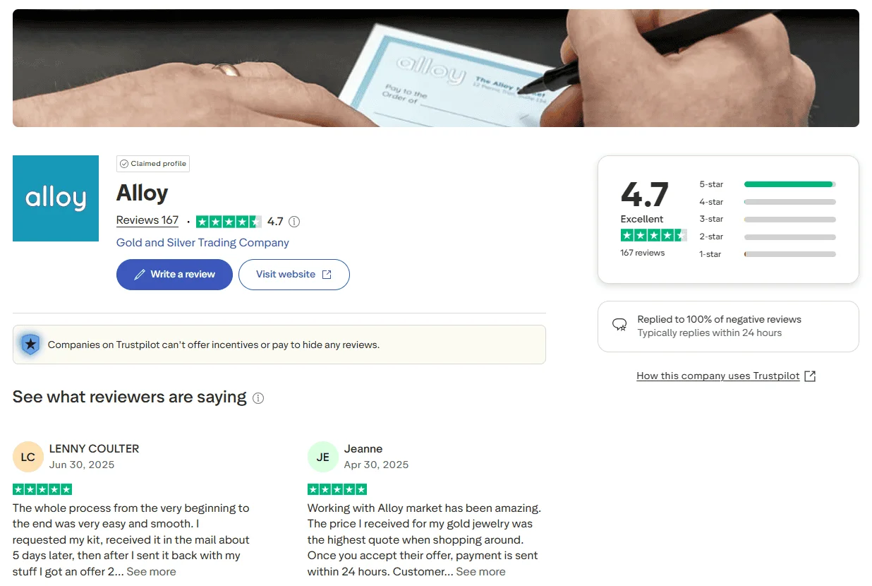 The alloy Trustpilot page