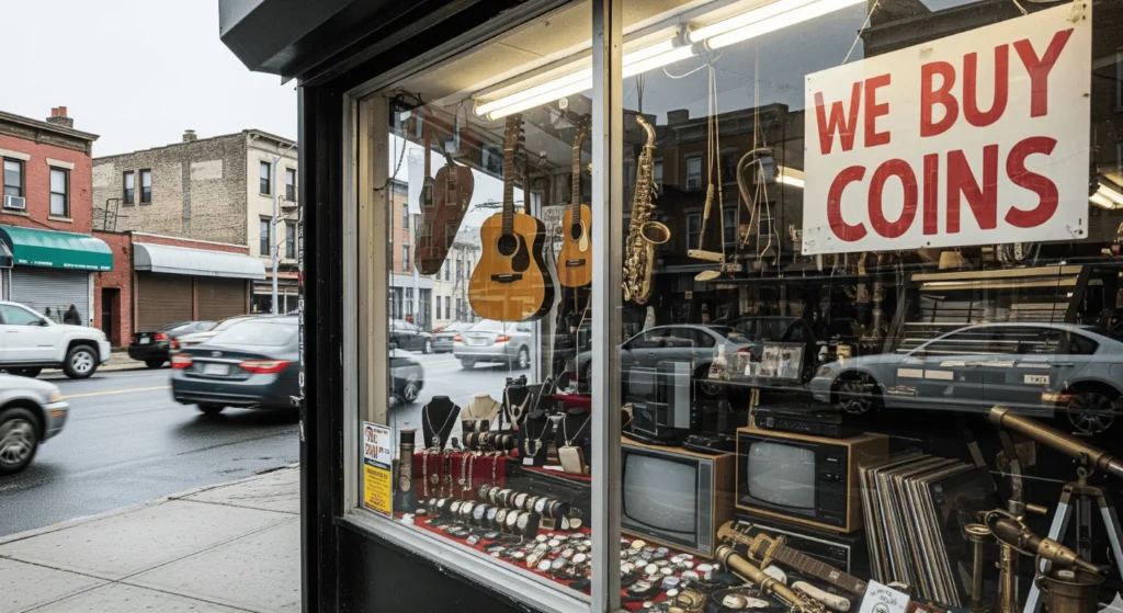 A pawn shop storefront window features items for sale including tvs, jewelry, musical instruments, and records.