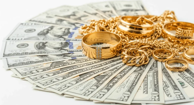 Money lays fanned out on a white table with gold jewelry piled atop it