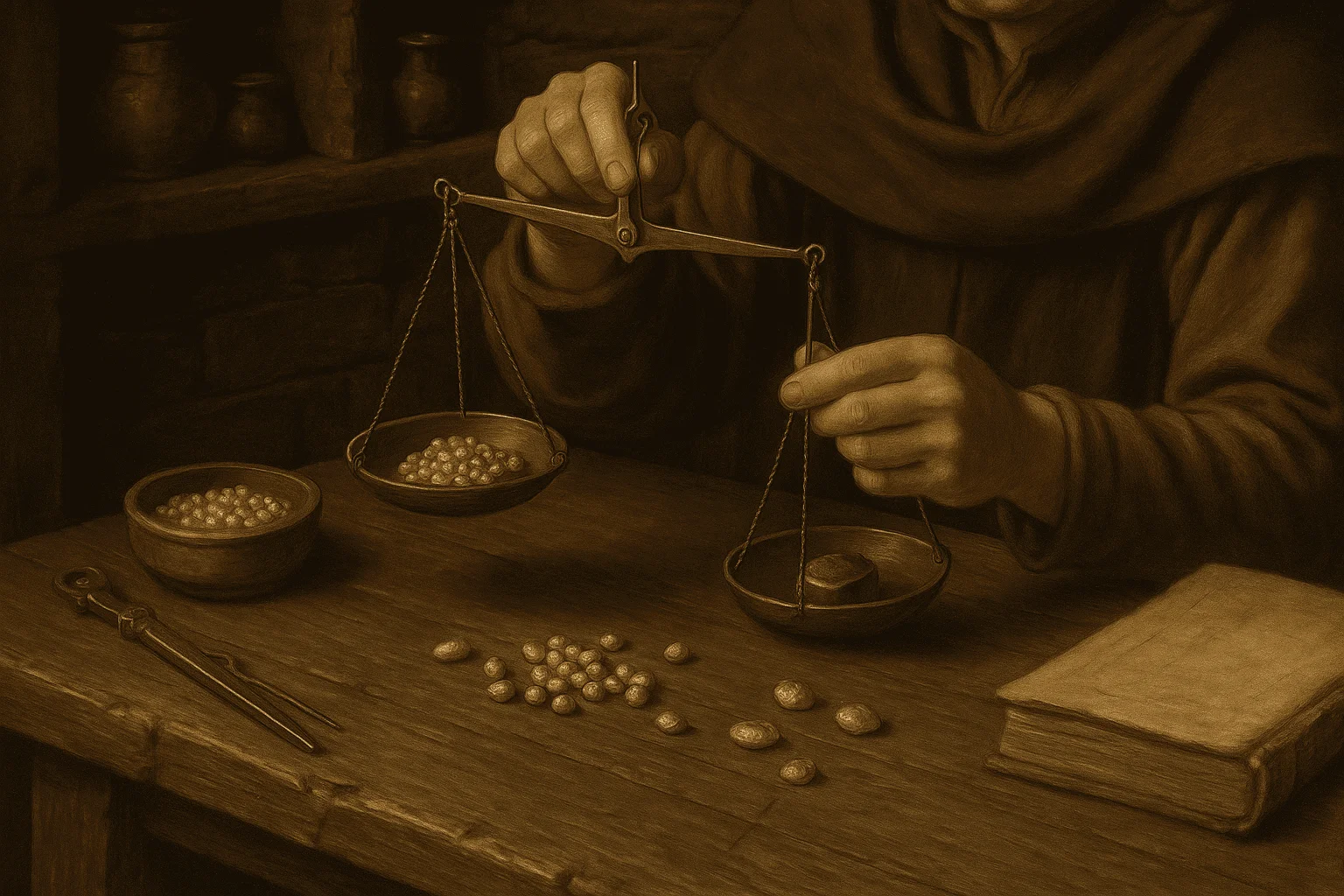 A man in the middle ages weighs gold with carob seeds; the precursor to karats