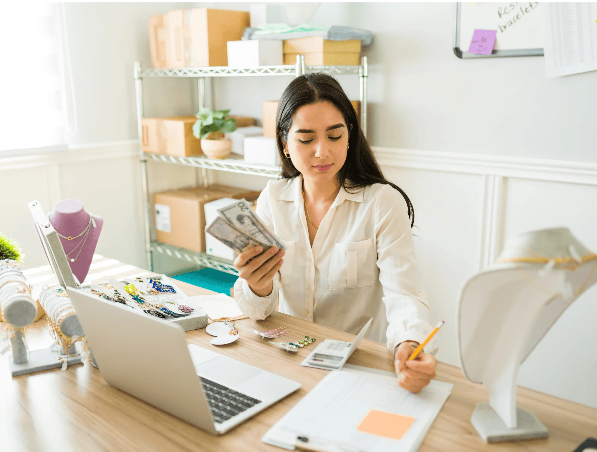 a woman deducts her selling fees from her profit