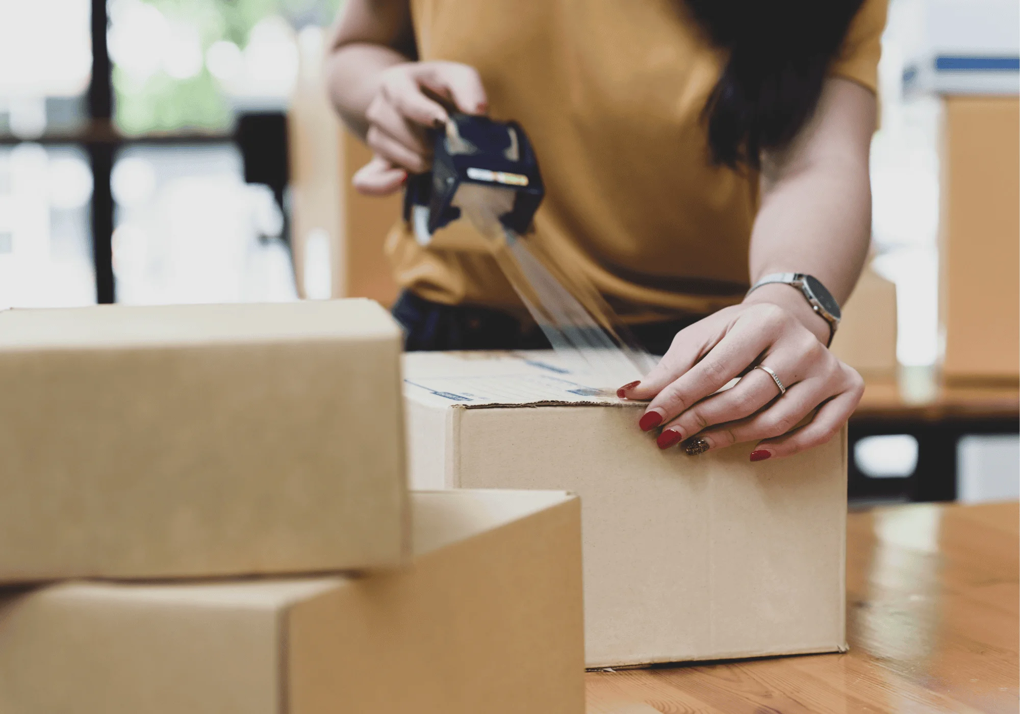 A woman packs items for shipping