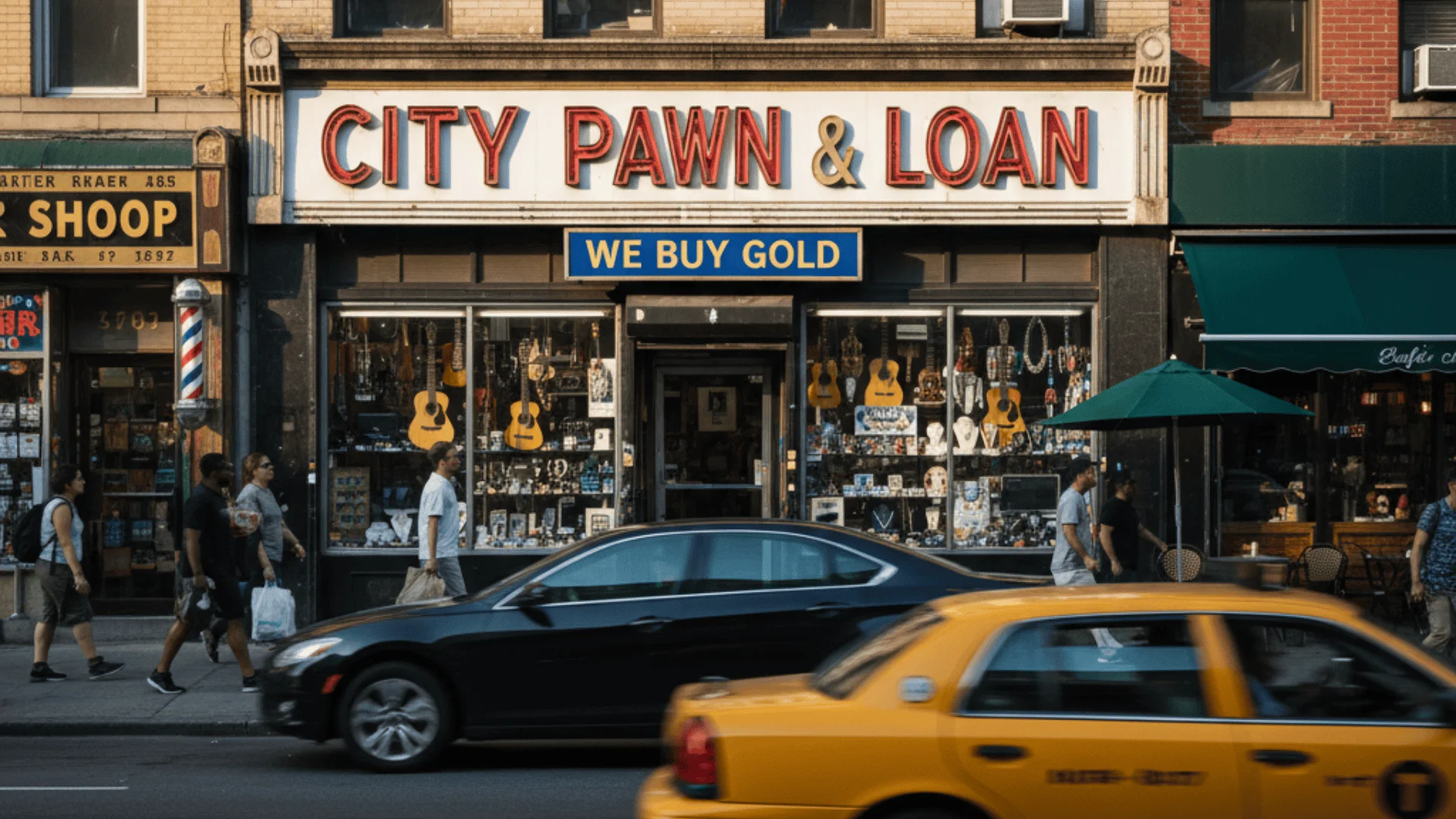 the front of a city pawn shop
