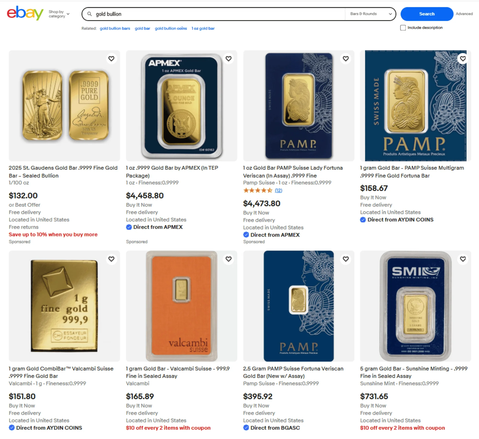 you can sell gold bars on ebay
