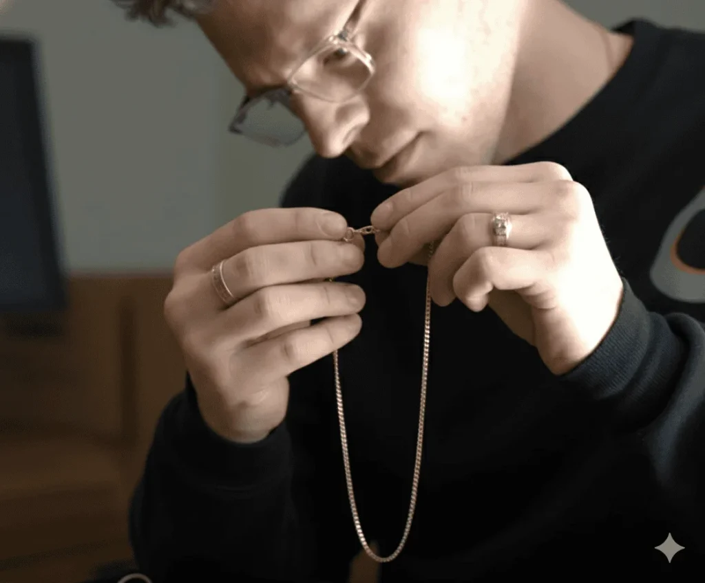 brandon inspecting a necklace