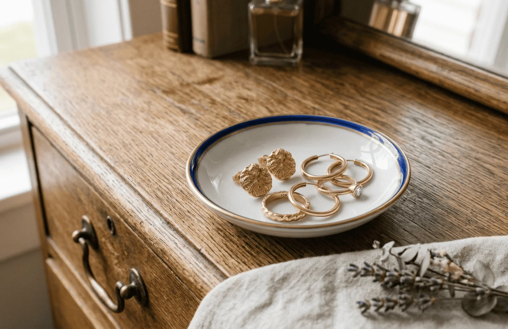 gold jewelry tossed in a dish